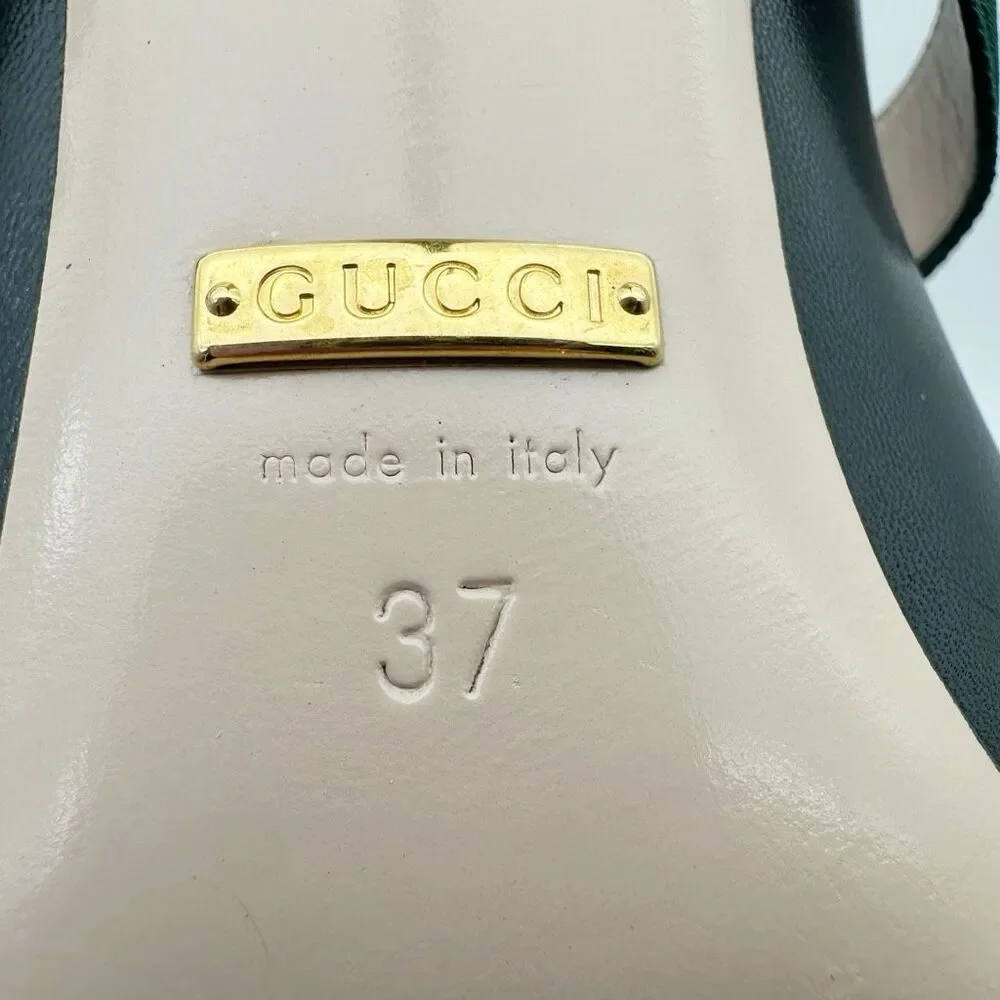 GUCCI Sylvie Black Leather Heels Size 37 US 7 Web Mary Jane Buckle Strap